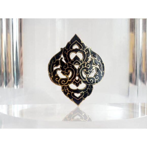 Siam Made Cloissone Gold Toned Black Enamel Ornate Vintage Cutout Brooch Pin - Picture 3 of 10